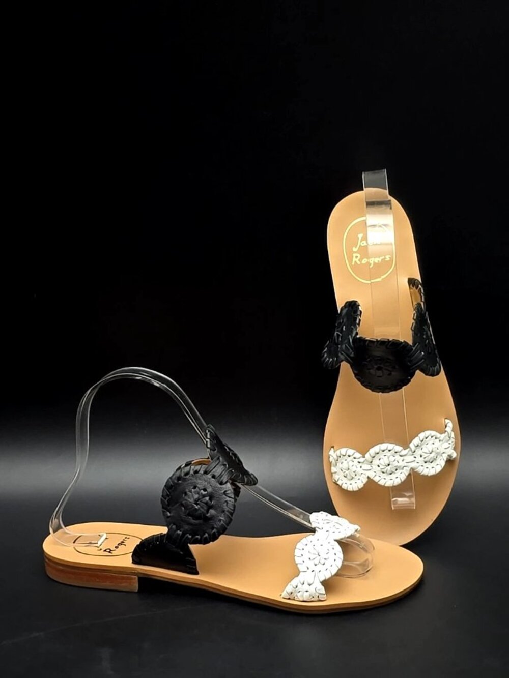 Jack Rogers Lauren II Black White Floral Leather Slide Sandals Women's Size 7M